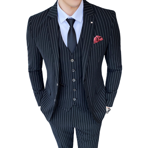Costume Noir Rayure Blanche Chic 3 Pièces